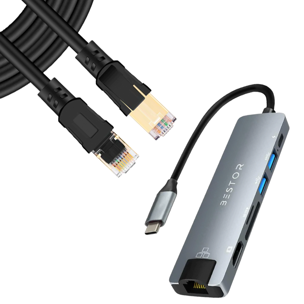 Combos of the 7 in 1 USB C Hub +Cat 8 Ethernet Cable (1Meter)