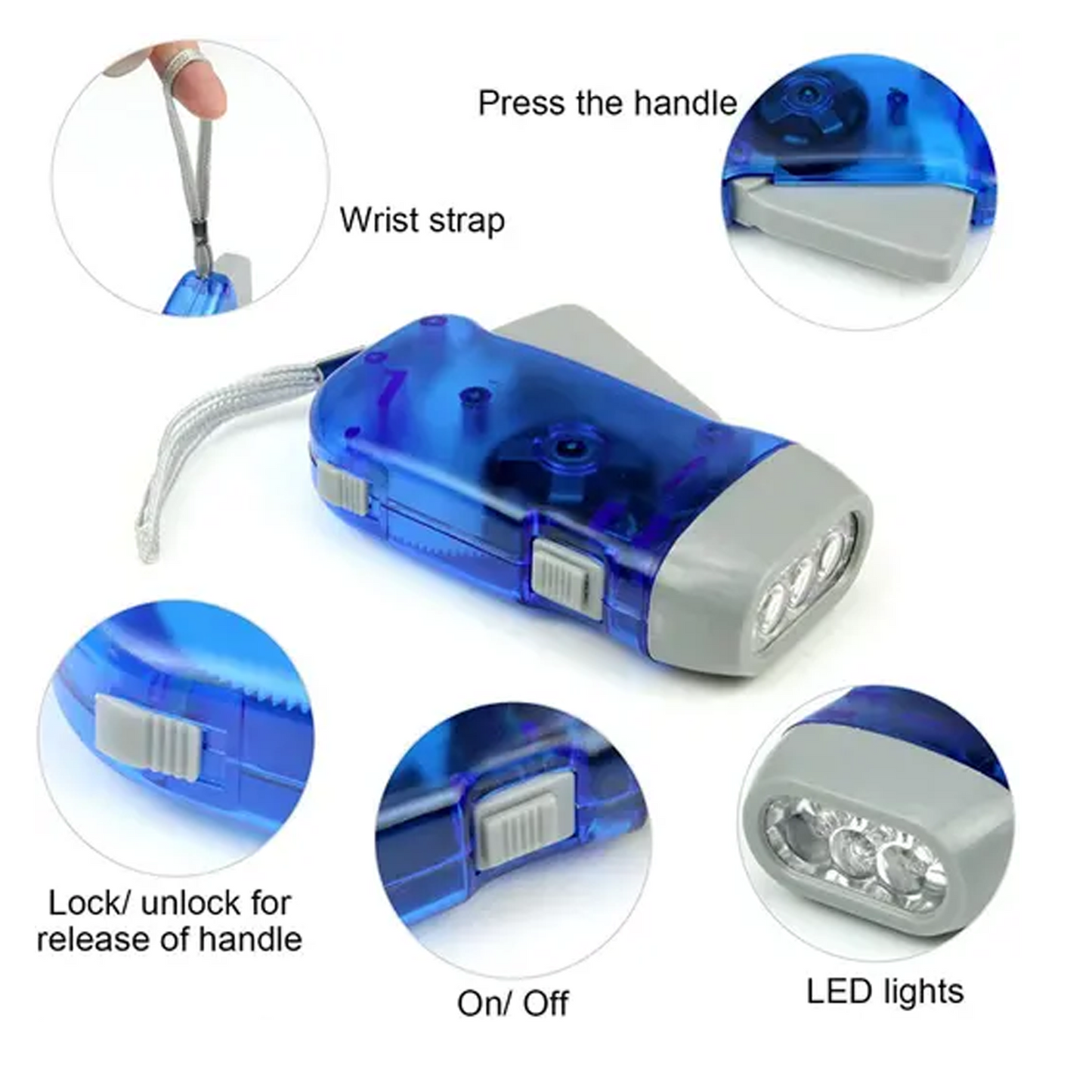 Rechargeable Wind-Up Hand Press 3 Led Torch Light