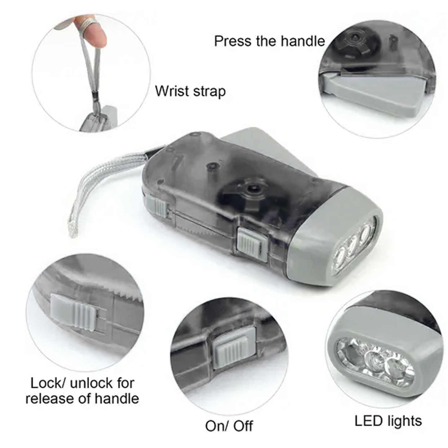 Rechargeable Wind-Up Hand Press 3 Led Torch Light