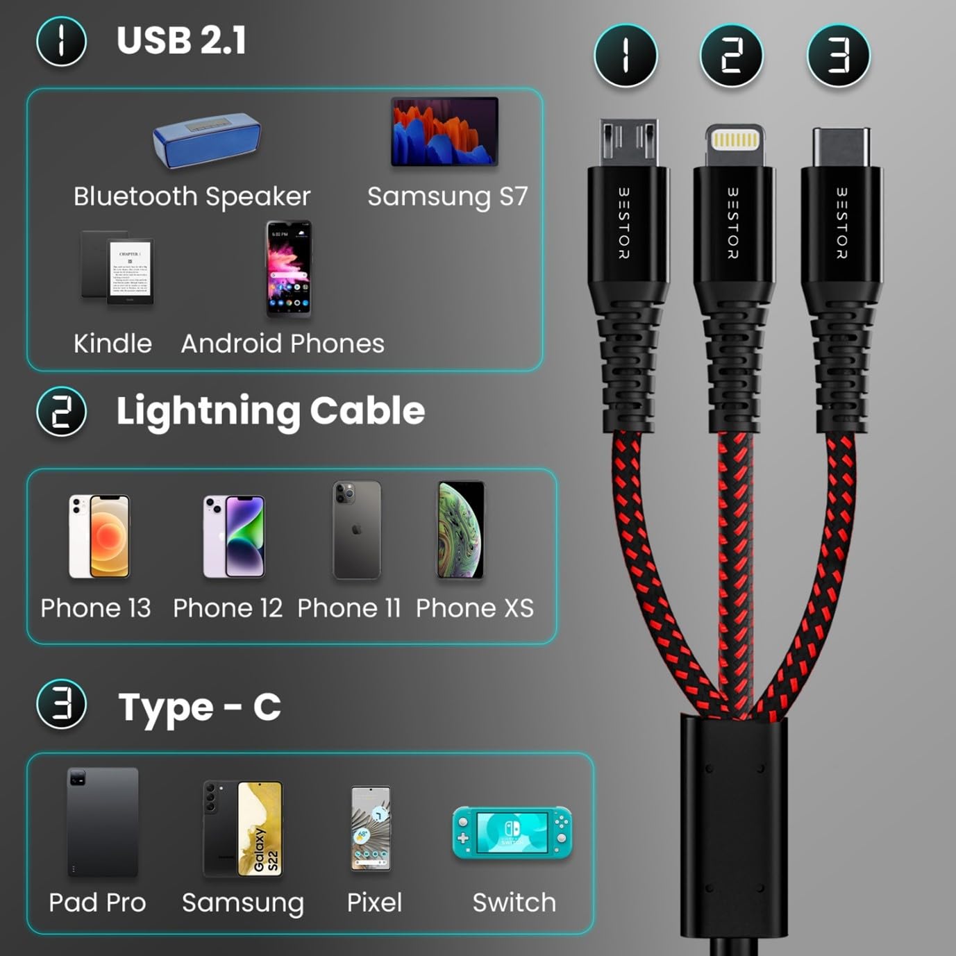 5 in 1 (Type C + 8Pin + Micro USB)